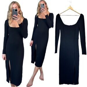 Lovers + Friends Black Ribbed Square Neck Bodycon Long Sleeve Slit Midi Dress